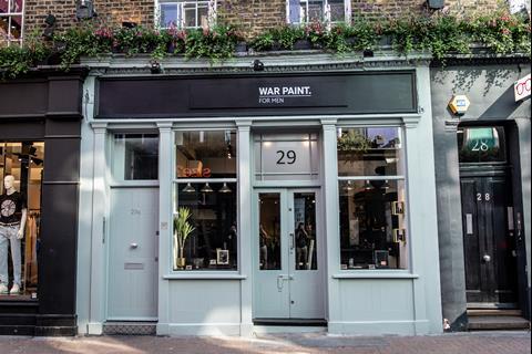 The storefront of War Paint for Men's new store on London's Carnaby Street